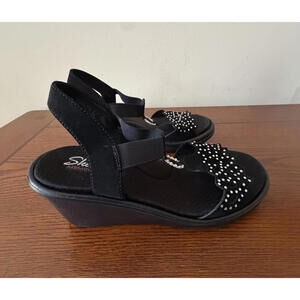 SKECHERS Womens Shoes Embellished Wedge Sandals Black Memory Foam Size 7
